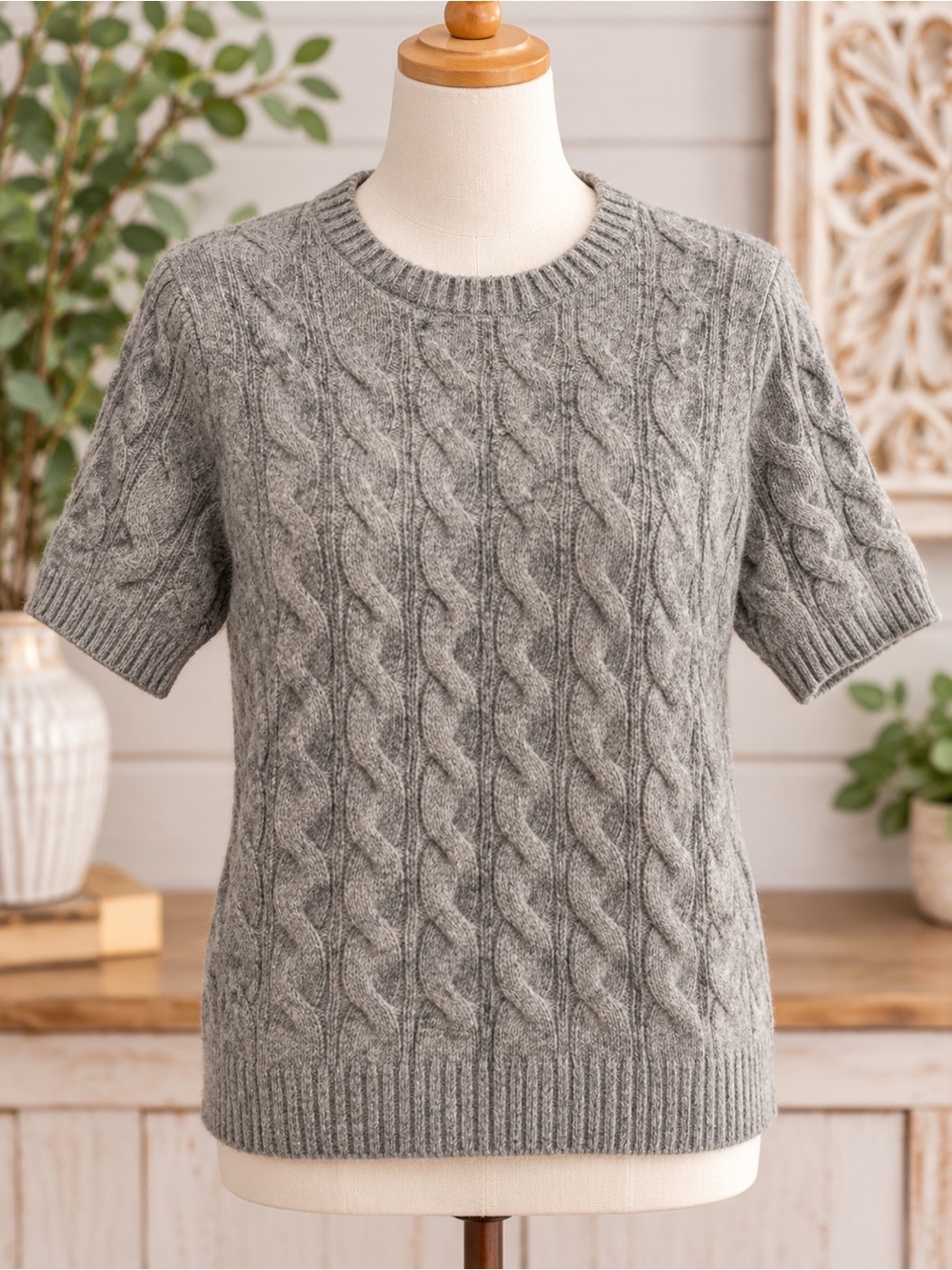 Lucky Brand Gray Cable Knit Short Sleeve Crew Sweater